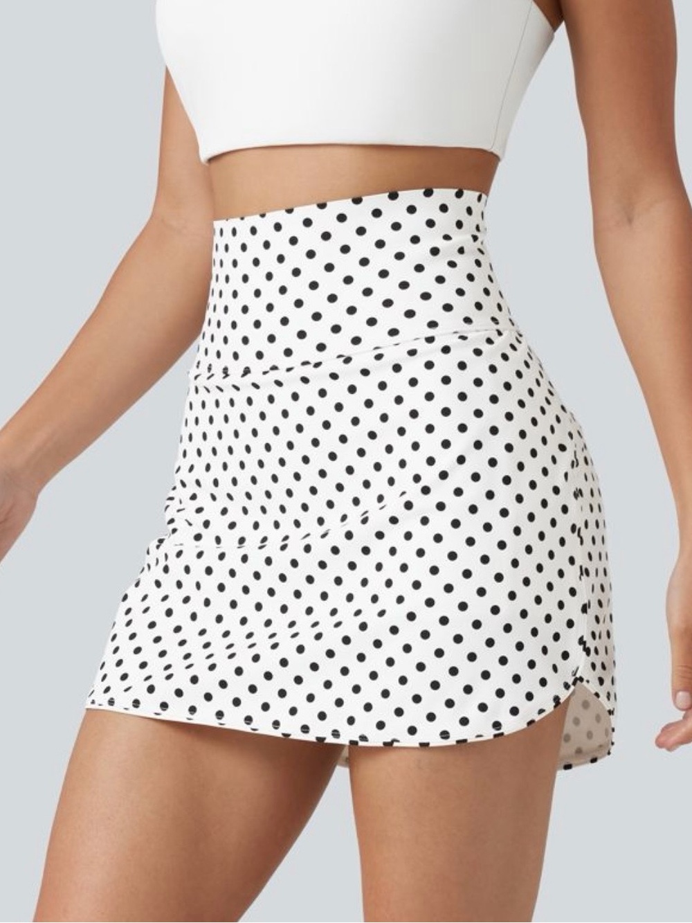 HALARA White Mini Skirt with Black Polka Dots